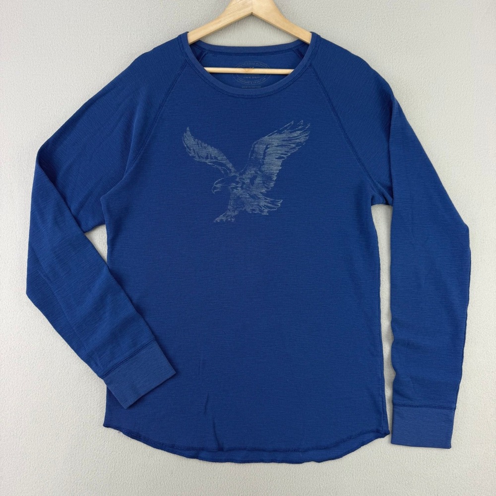 American Eagle Thermal T-Shirt Mens Large Blue Graphic Long Sleeve Top Y2K